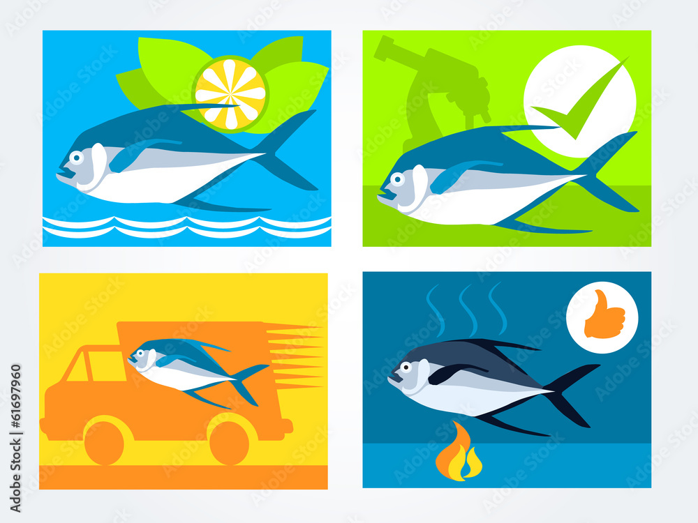 Naklejka premium Icons set for the website fresh fish delivery seller's and fish