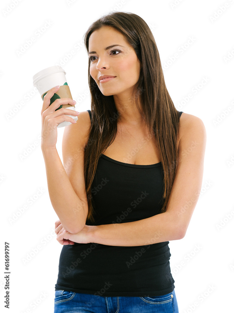 Beautiful woman drinking coffee from a paper cup Beautiful woman drinking coffee from a paper cup