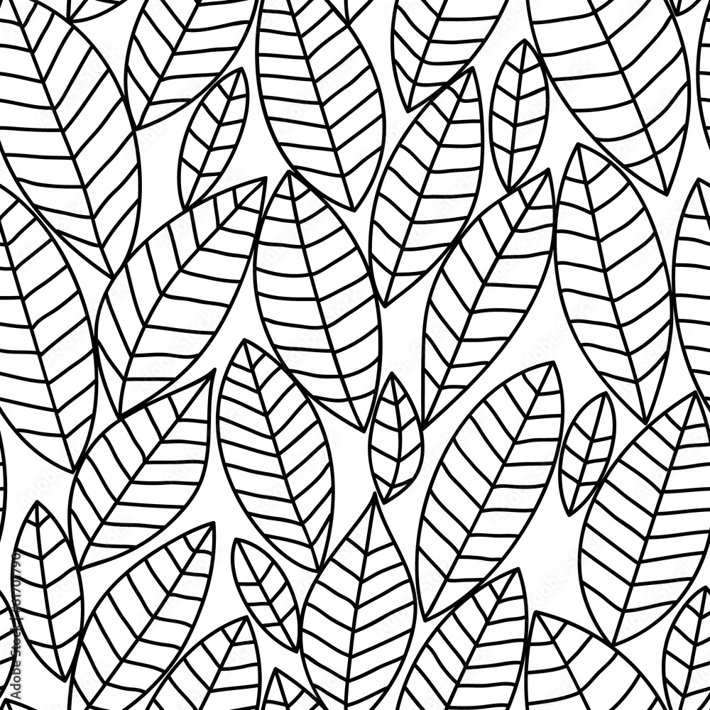 Fototapeta Black and white leaves seamless pattern, vector