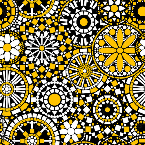 Flower mandalas seamless pattern in black white and yellow