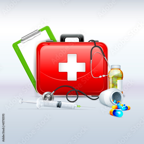 illustration of first aid box with capsule and stethoscope