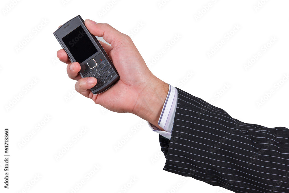 businessman holding phone isolated on white background