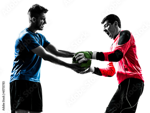 two men soccer player goalkeeper competition silhouette