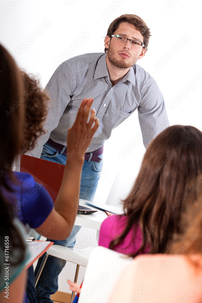 Obraz premium Bored lecturer answering questions