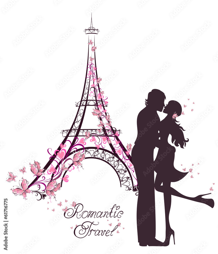 Honeymoon and Romantic Travel. Couple in Paris, Eiffel Tower
