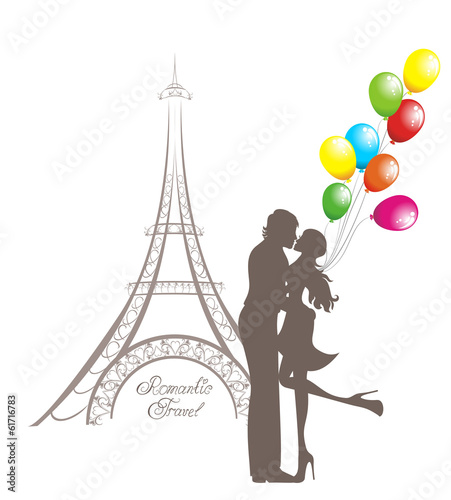 Honeymoon and Romantic Travel. Couple in Paris  Eiffel Tower