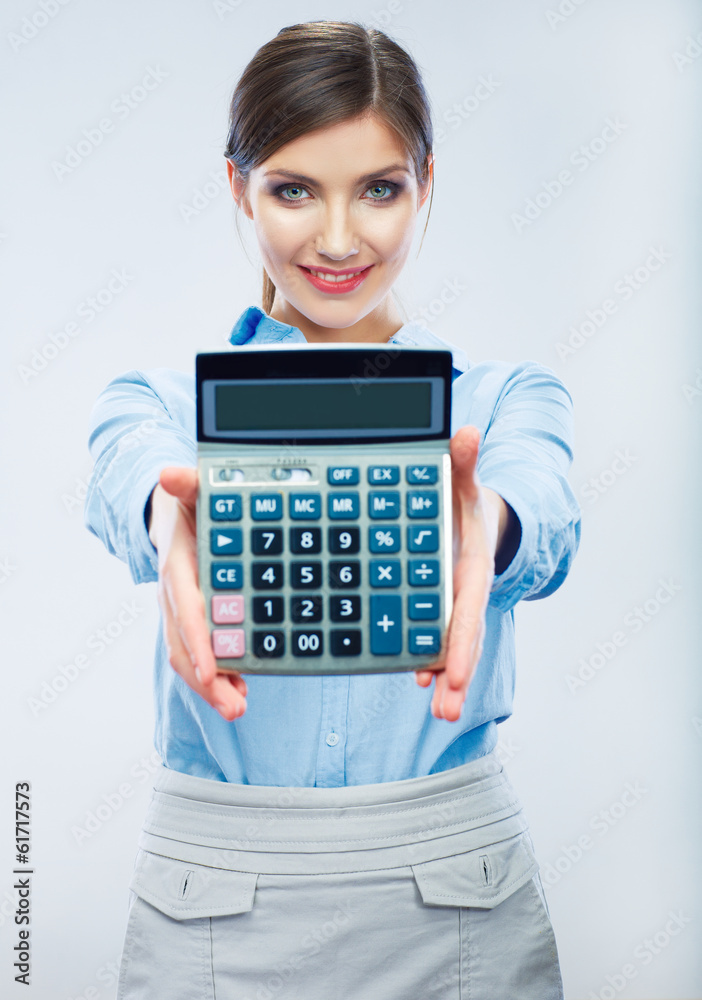 Business woman hold count machine. Business woman hold count machine.