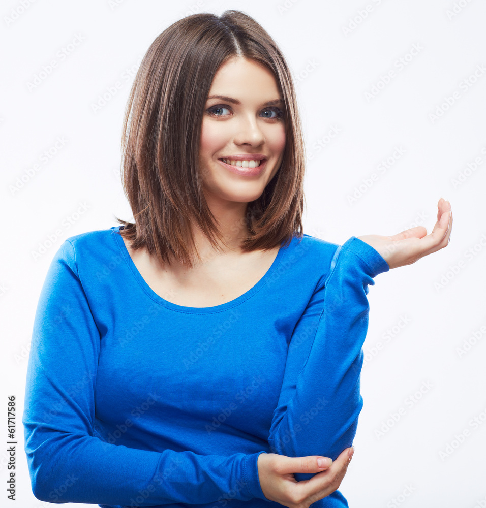 Fototapeta premium Young woman white background portrait.