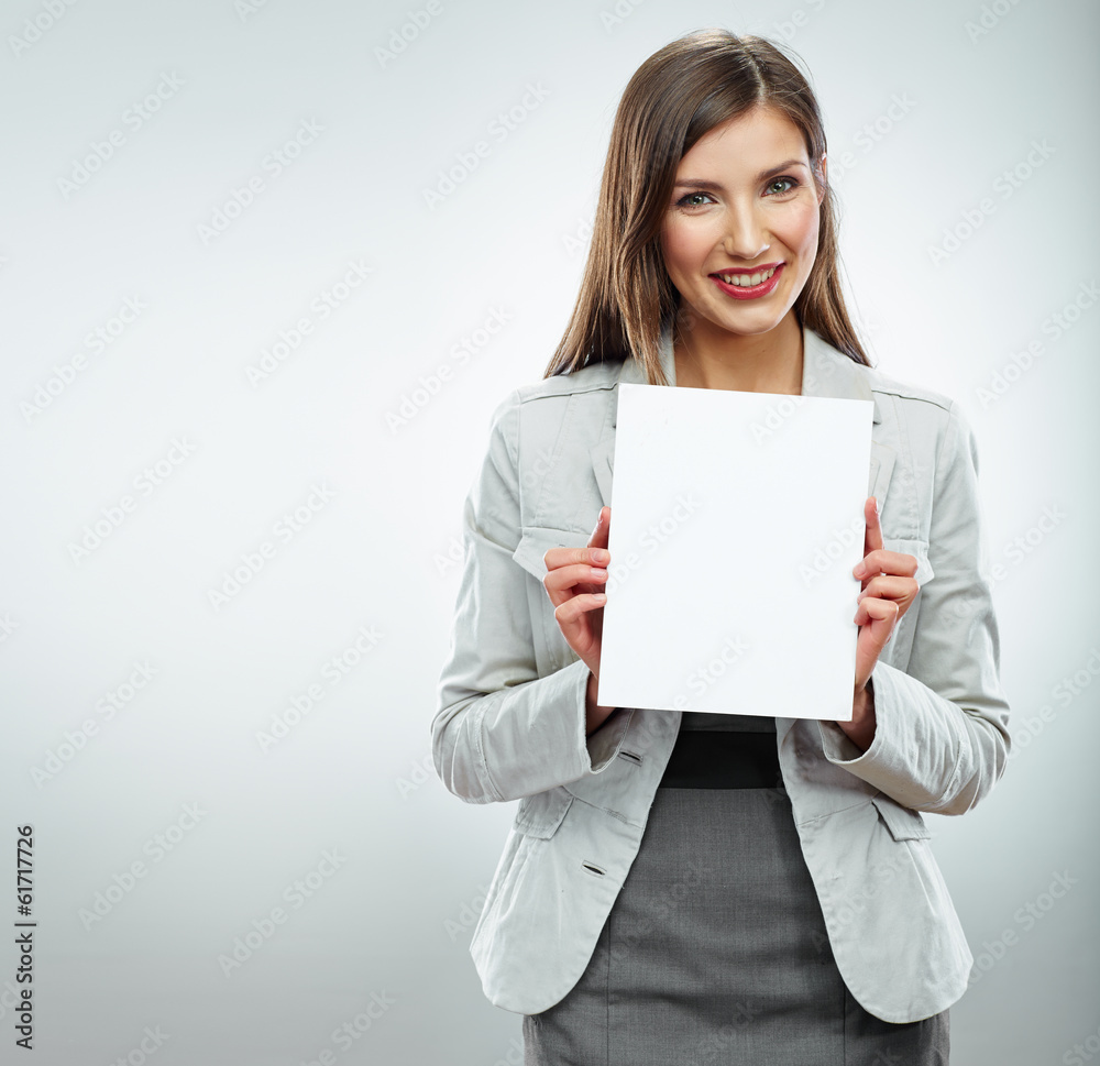 Smile Business woman portrait with blank white banner, board on Smile Business woman portrait with blank white banner, board on