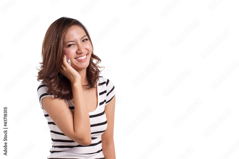 happy, positive, smiling woman talks with her cellular phone happy, positive, smiling woman talks with her cellular phone