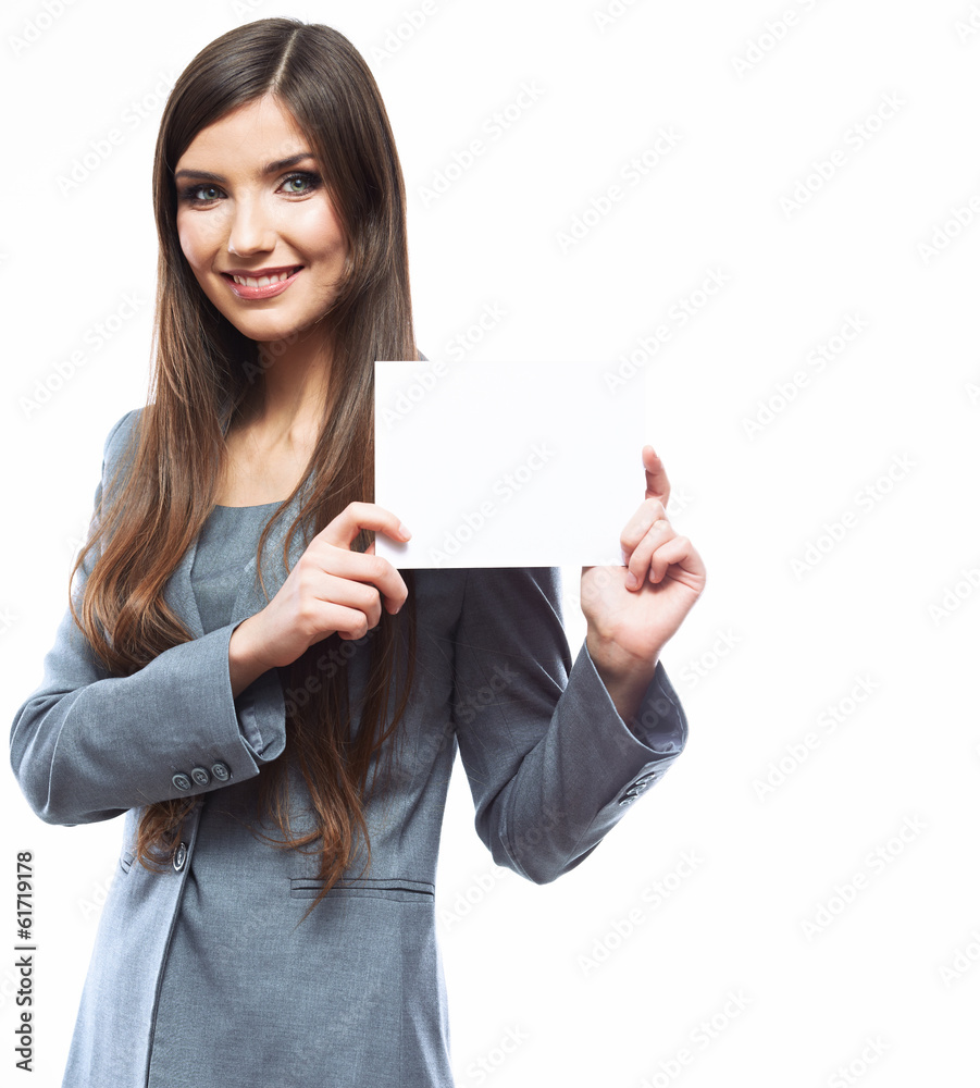 Young smiling business woman hold board, white background port Young smiling business woman hold board, white background port