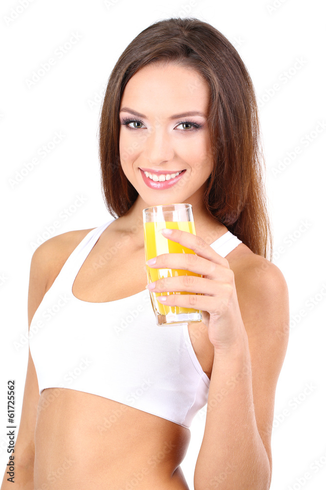 Beautiful girl with fresh juice isolated on white Beautiful girl with fresh juice isolated on white