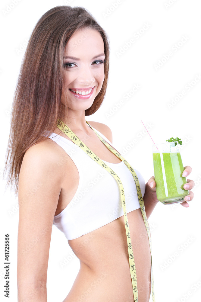 Beautiful girl with fresh juice and measuring tape isolated Beautiful girl with fresh juice and measuring tape isolated