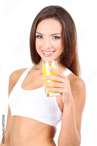 Beautiful girl with fresh juice isolated on white