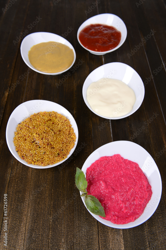 Various sauces on table close-up Various sauces on table close-up