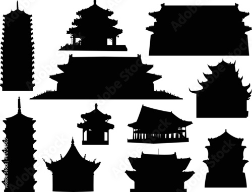 eleven isolated pagoda silhouettes