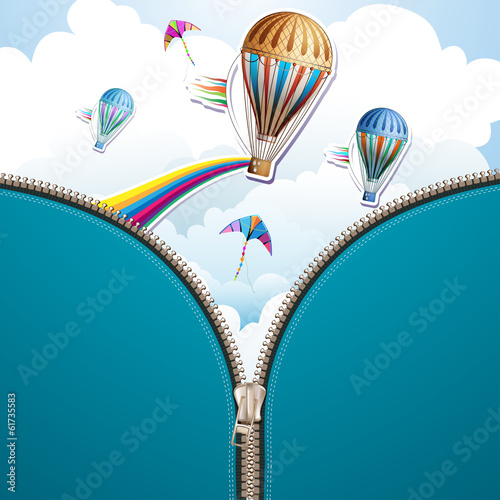 Sky background and hot air balloon with zipper