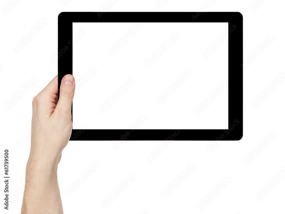 adult man hand holding generic tablet pc with white screen adult man hand holding generic tablet pc with white screen