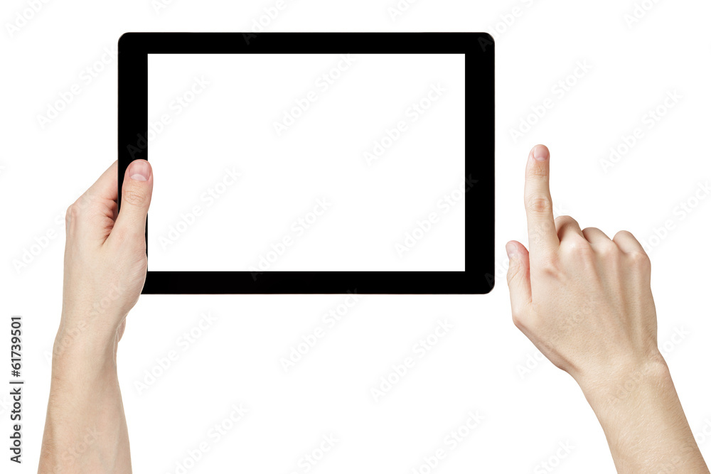 adult man hands using generic tablet pc with white screen adult man hands using generic tablet pc with white screen