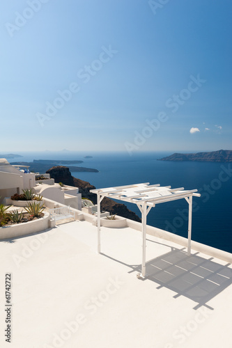 Terrace with Sunshade on Santorini Greece © allard1