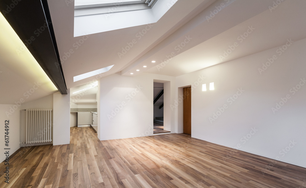 Interior nice loft, wall white, parquet floor Interior nice loft, wall white, parquet floor