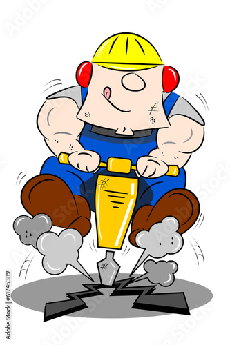 A cartoon workman drilling the road with a pneumatic drill