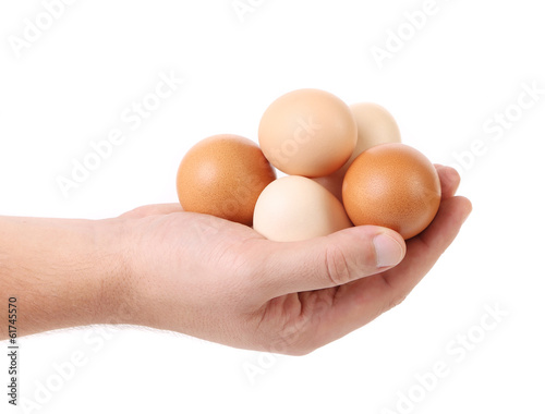 Hand holding brown eggs.