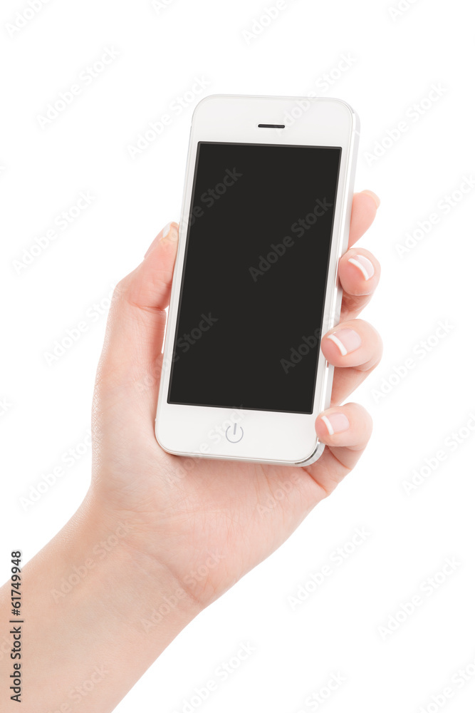 Female hand holding white mobile smartphone with blank screen mockup