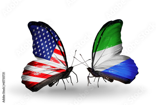 Two butterflies with flags USA and Sierra Leone