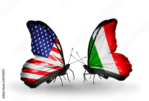 Two butterflies with flags USA and Italy