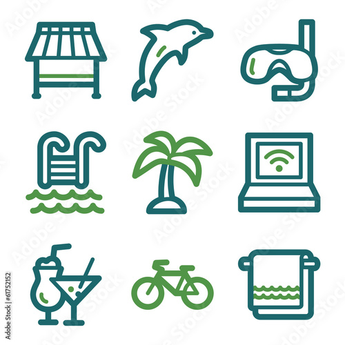 Vacation web icons, green line set