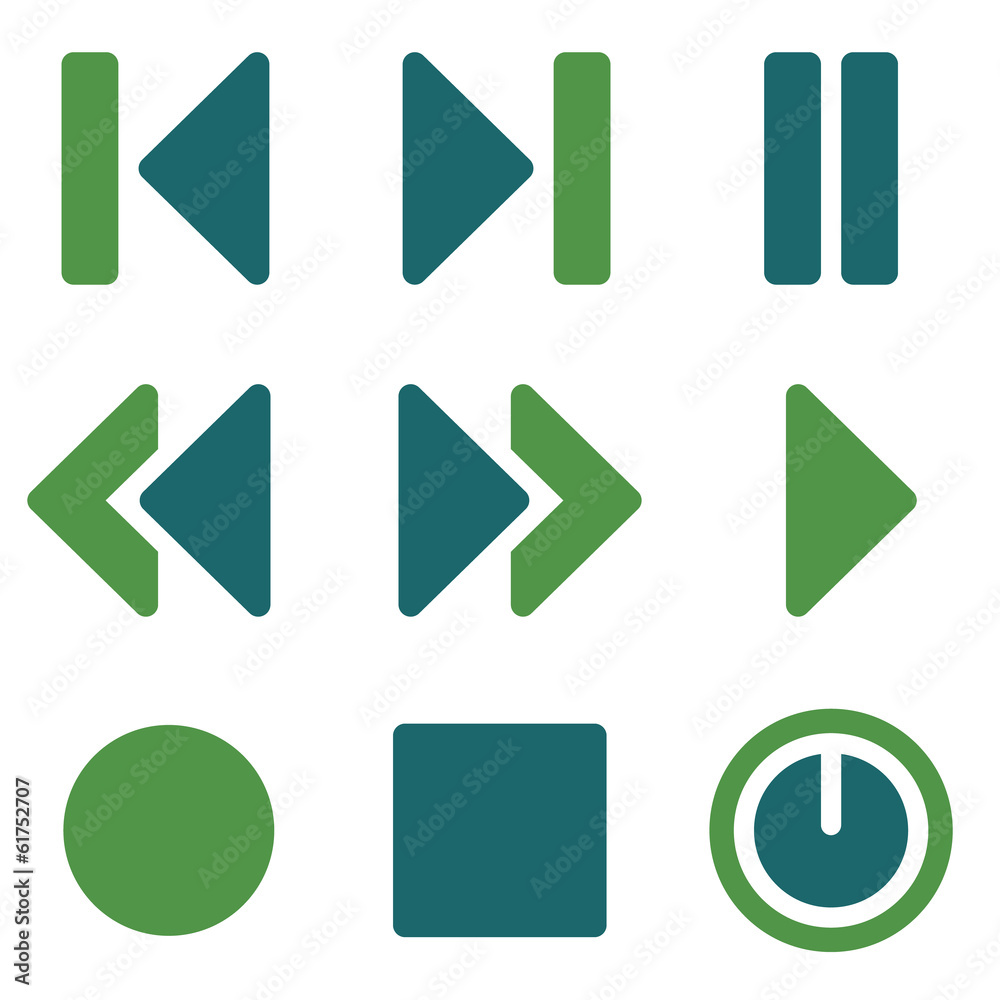 Media player web icons, green mix set Media player web icons, green mix set
