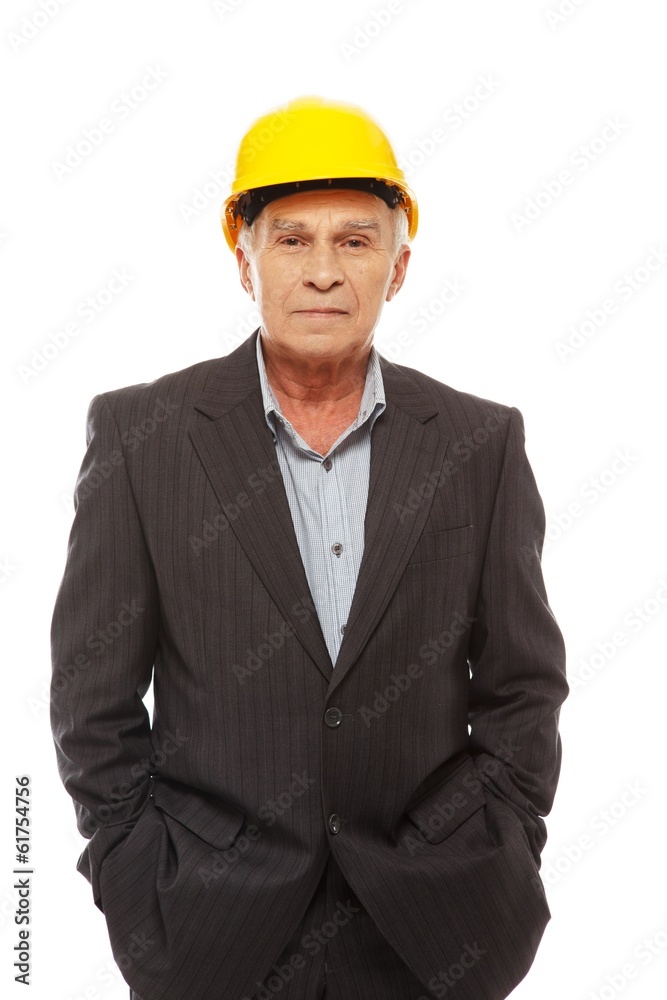 Senior man engineer wearing protective helmet Senior man engineer wearing protective helmet