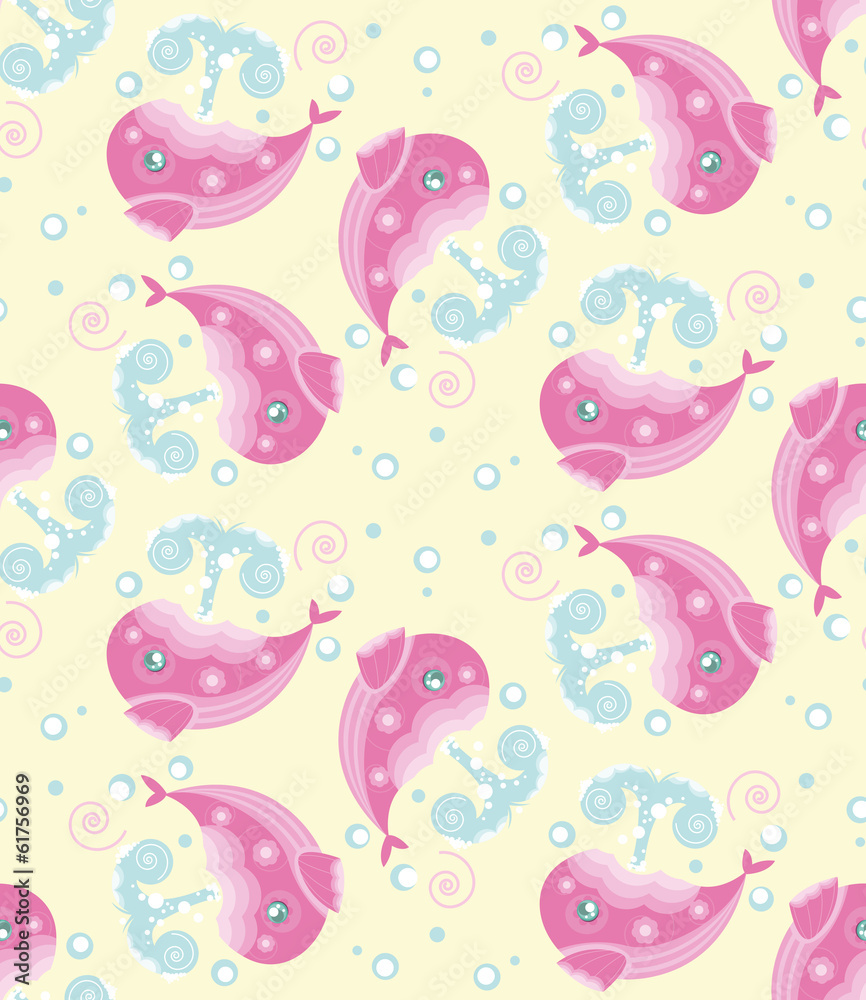 Pattern with pink whales on a yellow background