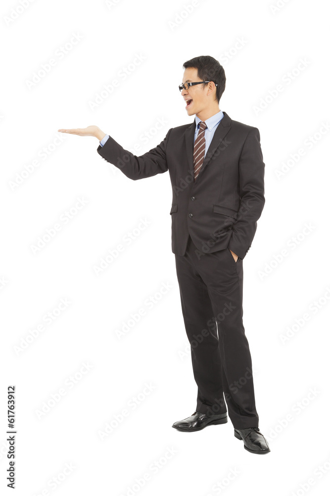 proud businessman raise hand to show something proud businessman raise hand to show something