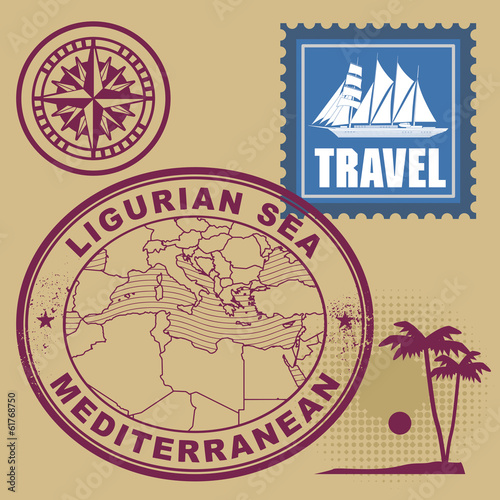 Stamp set with text Mediterranean, Ligurian Sea, vector