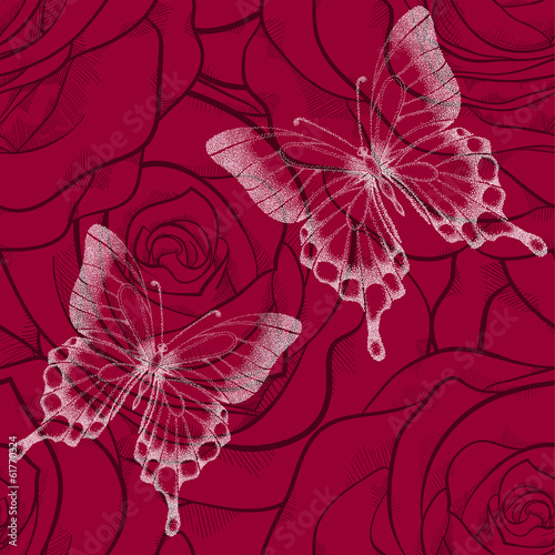 seamless background with butterflies and flowers roses