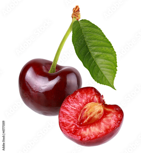 cherry with slice and leaf