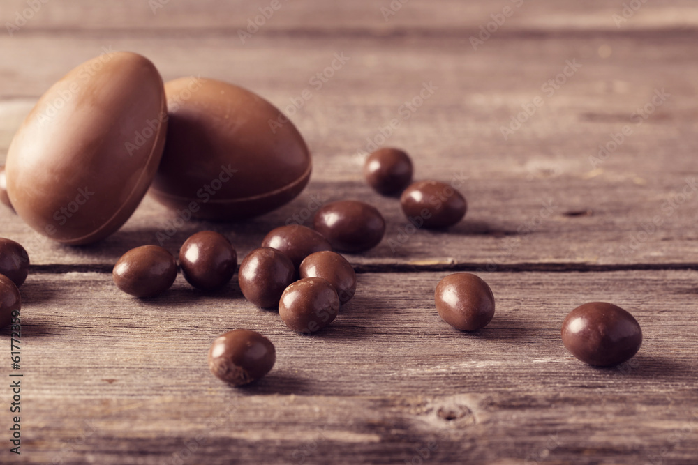 Chocolate Easter Eggs Over Wooden Background Chocolate Easter Eggs Over Wooden Background