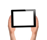 man hands holding a tablet touch computer gadget with isolated s