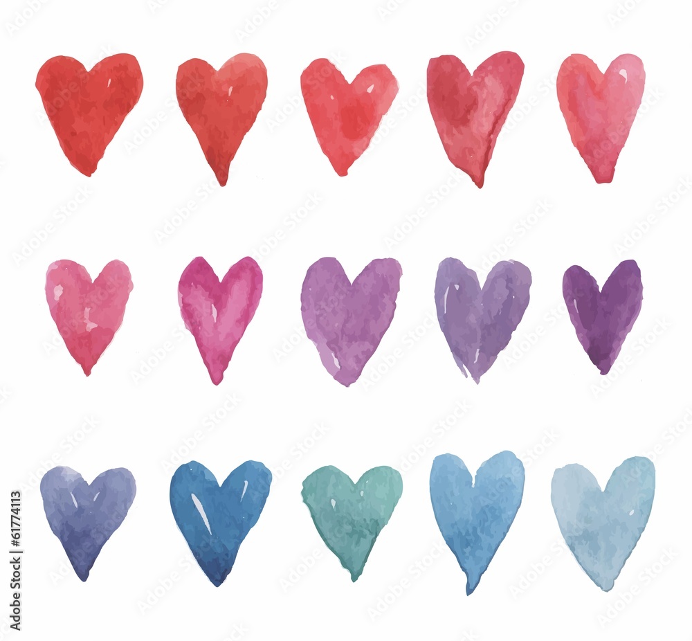 set of colored watercolor hearts