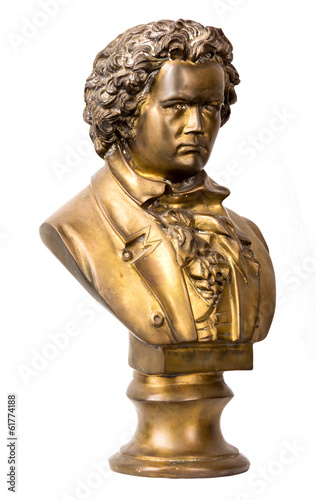 A dramatically lit bust of classical composer Beethoven