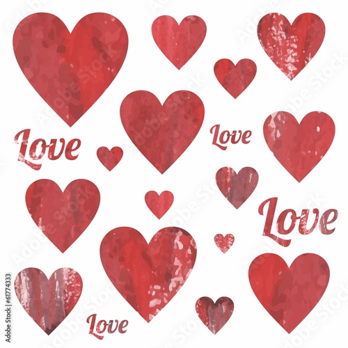 set of love hearts watercolor style