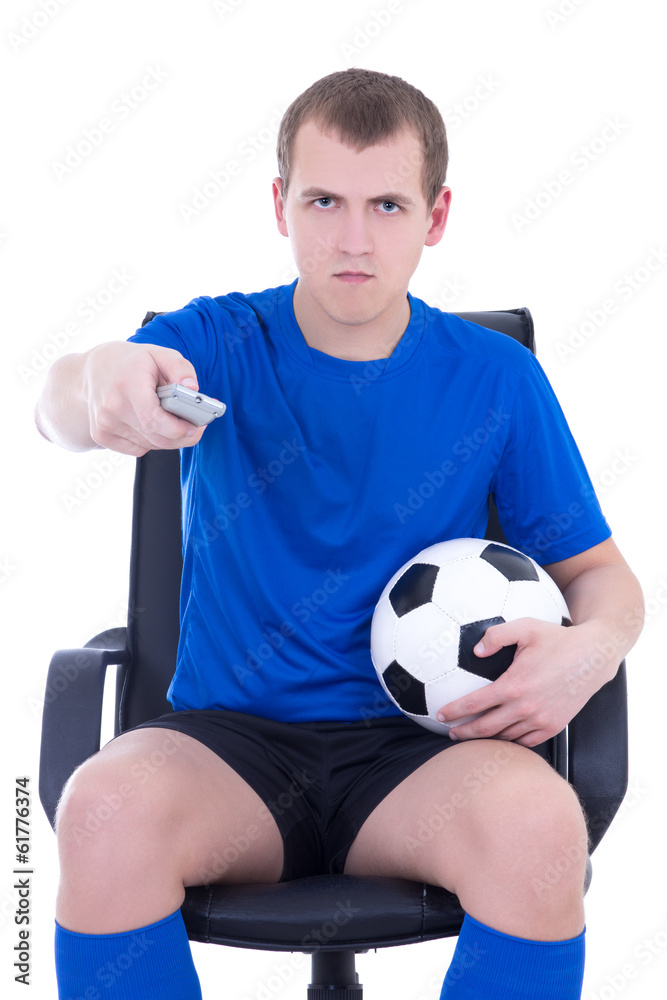 man with remote control watching football game isolated on white