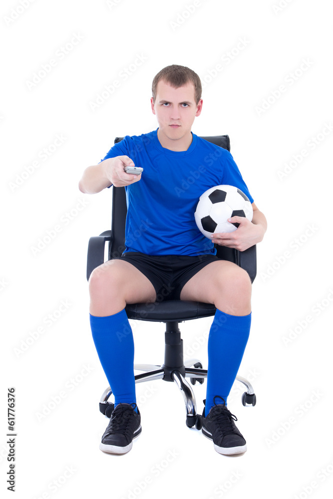 man with remote control watching soccer game isolated on white