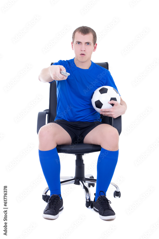 shocked man with remote control watching soccer game isolated on