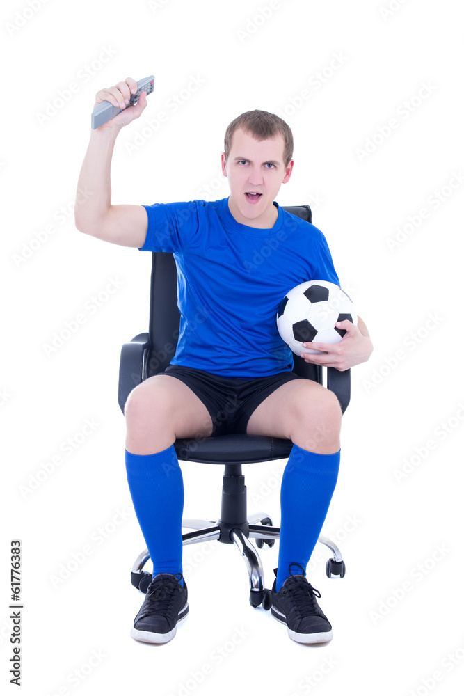 young man watching football and celebrating goal isolated on whi