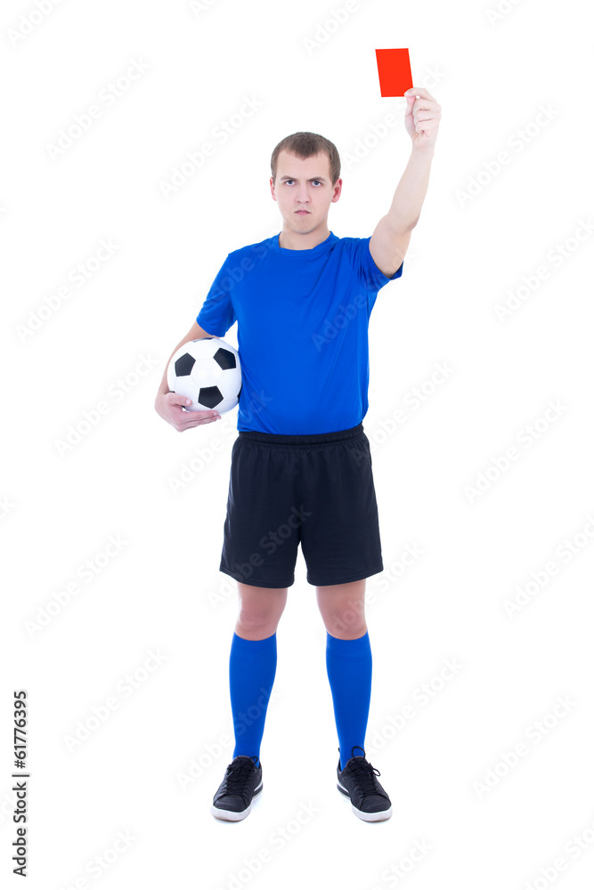 football referee showing red card isolated on white