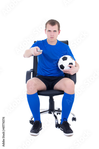 man with remote control watching soccer game isolated on white