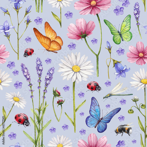 Wild flowers and insects illustration. Watercolor summer pattern © Aleksandra Smirnova
